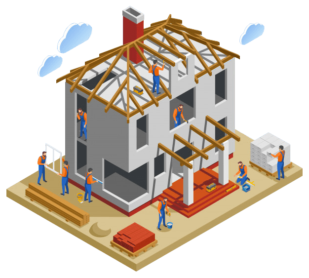 Workers building a house